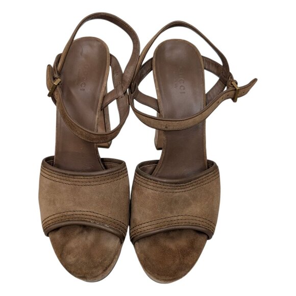 Gucci Platform Cork Heel Sandals Womens Tan Suede Leather Buckle 5" EU 39 US 9 - Picture 11 of 16